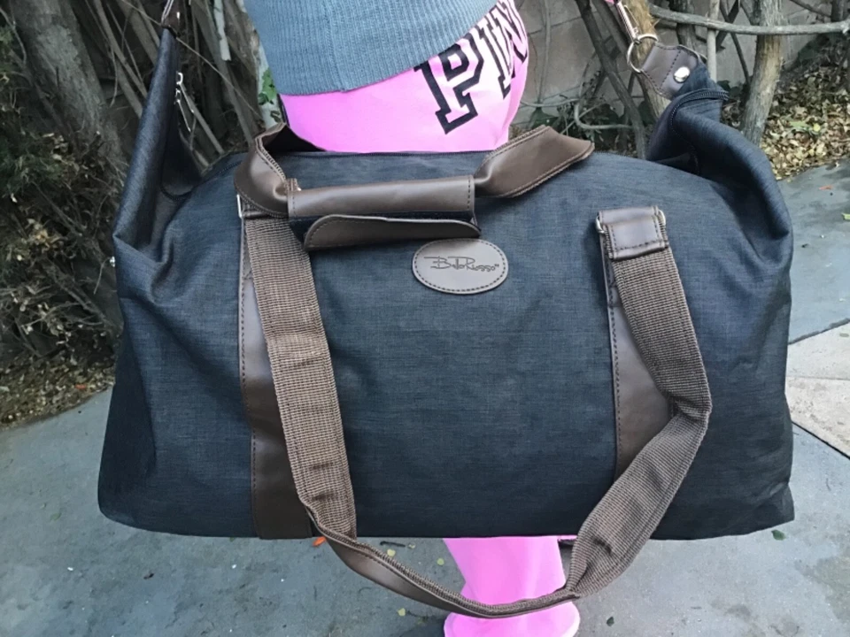 New Bella Russo Gray/Brown Canvas Large Duffel Bag Travel Overnight Vacation Gym - Изображение 3 из 4