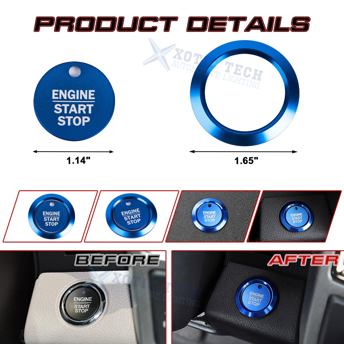 Xotic Tech Sporty Blue Aluminum Ignition Start Stop Button Cover Trim For Ford F-150 2016-2021