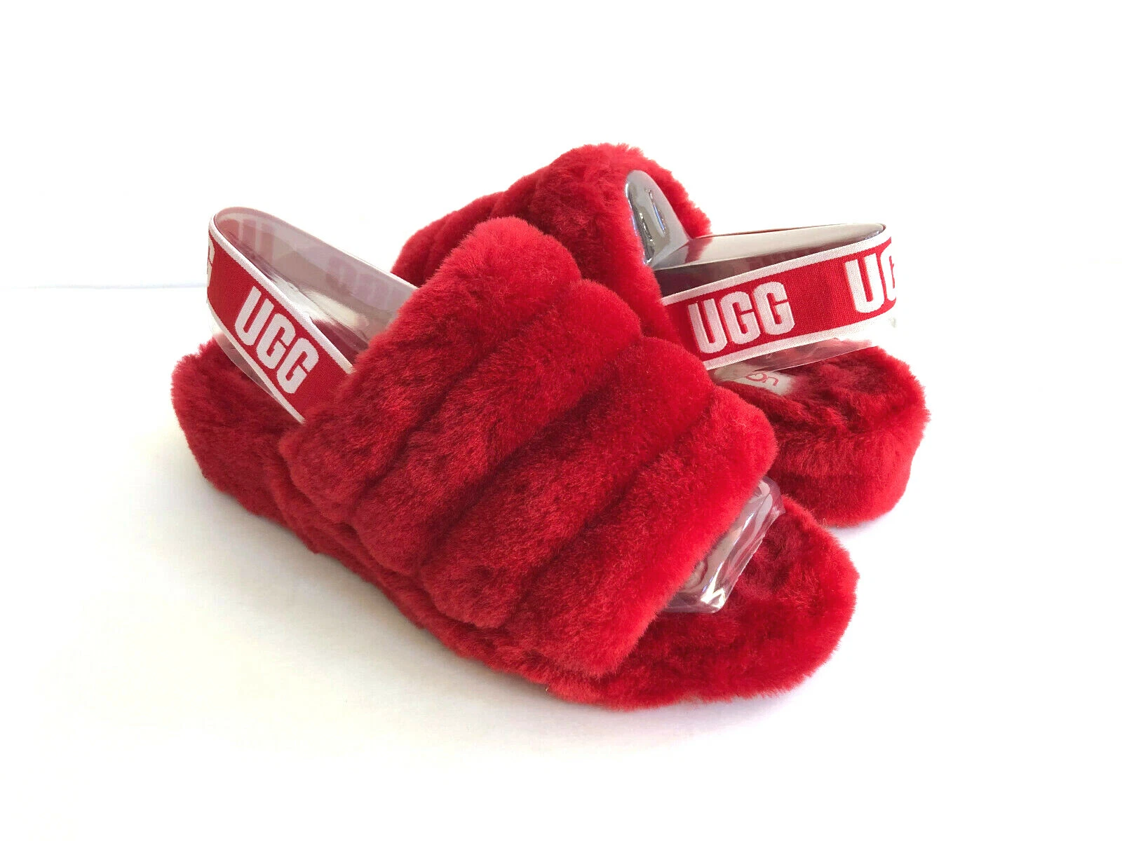 UGG FLUFF YEAH SLIDE NASTRO ROSSO MOCASSINO SLIP ON SANDALO US 7 EU 38 UK 5 NUOVO CON SCATOLA