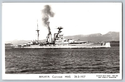 RPPC HMS Malaya 1927 Battleship Royal Navy Vintage Postcard