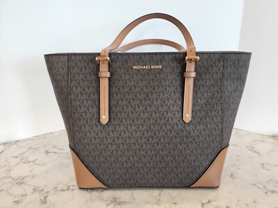 MICHAEL KORS ARIA Large LOGO Top Zip Tote Brown/Acorn $298