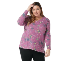 LOGO Lounge by Lori Goldstein Printed V-Neck Cloud Waffle Knit Top Very Berry XS