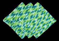 3 NEW Handmade Cotton Hand Crochet Dishcloths Washcloths - POOLSIDE Green Blue