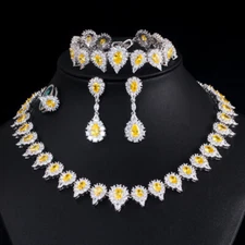 Yellow CZ Women Drop Wedding Necklace Earrings Bracelet Ring Luxury Jewelry Set