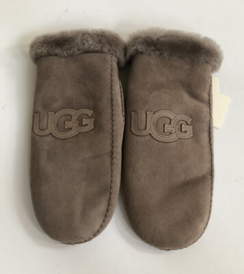 UGG CLASSIC HERITAGE LOGO PATCH MITTEN STORMY GREY GRAY SUEDE GLOVES sz L / XL