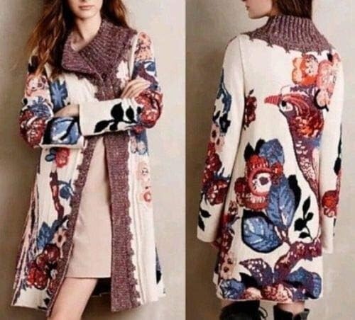 Anthropologie Embroidered Foret Cardigan Sleeping on Snow Size M Bird Flowers - Picture 3 of 8