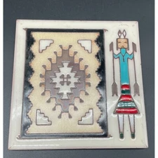 Kachina Dancer Tile Trivet Navajo Weaving Ceramic 6" Southwestern Art Decor