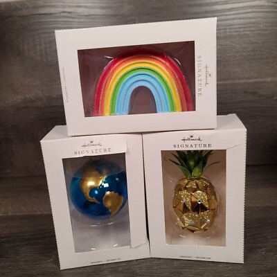 Lot of 3 Hallmark Signature Ornaments- Globe, Pineapple and Rainbow