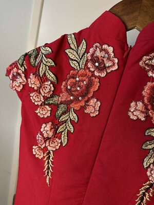 Chinese Qipao Dress Embroidered Flowers Red Costume/Bridesmaid/Cultural Events