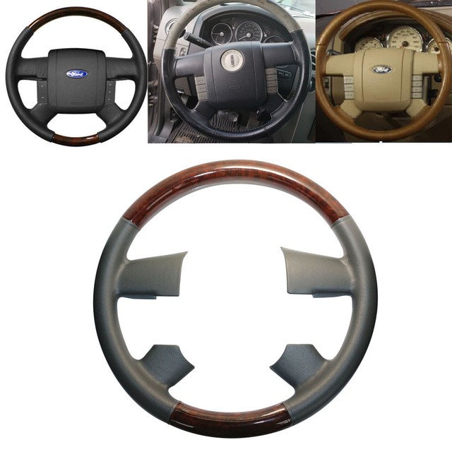 Gray Leather Wood Steering Wheel Cover Decor 0408 Ford F150 FX4