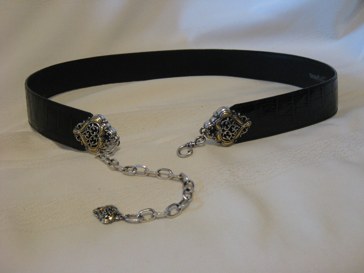 Black leather belt with ornate silver closure Vintage Black Leather Belt: Wide Embossed Belt With Ornate  main image 3