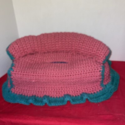 Vintage Handmade Knitted Kleenex Box Cover Loveseat Couch Shaped Pink&Green