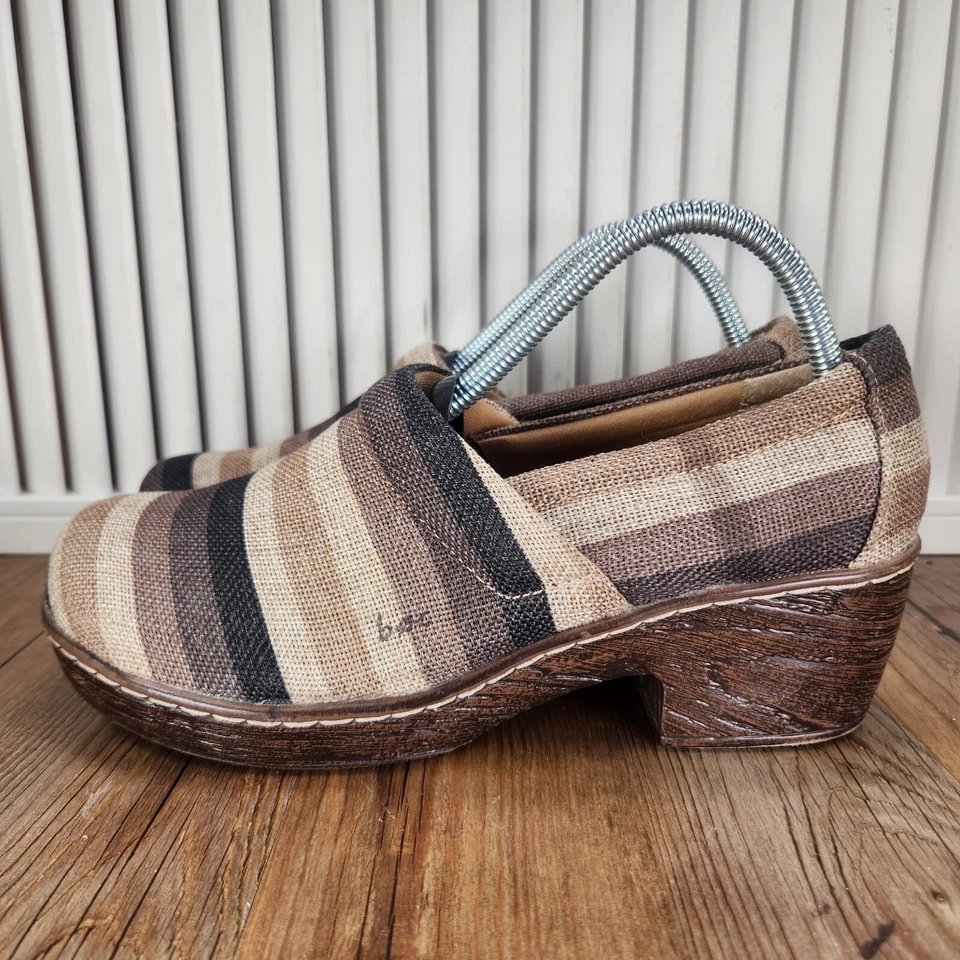 B.O.C. Zapatos zuecos Born Nadiyya para mujer talla 9,5 M marrón a rayas de lona con tacón boho Foto 3 de 4