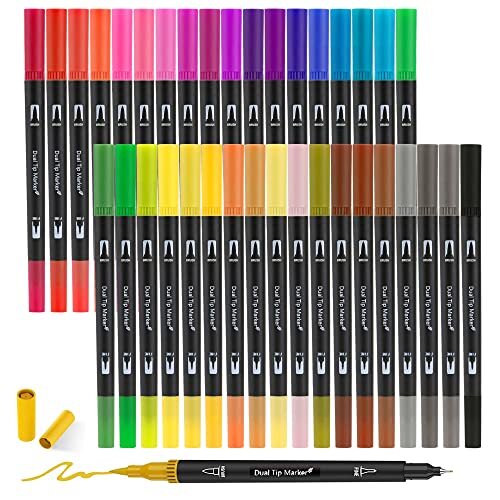 Dual Brush Markers Pens for Adult Coloring Books36 Colored Art Marker Fine Po...