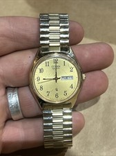 Vintage Citizen CQ Watch Men 36mm Gold Tone Day Date Stretch Band New Battery