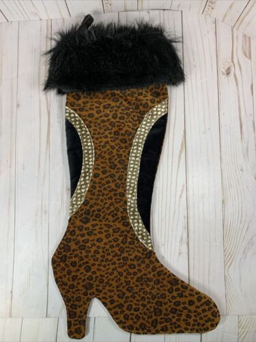 DOROTHY MADANS BOOT CHRISTMAS STOCKING LEOPARD FAUX FUR 21x7 - Picture 1 of 3