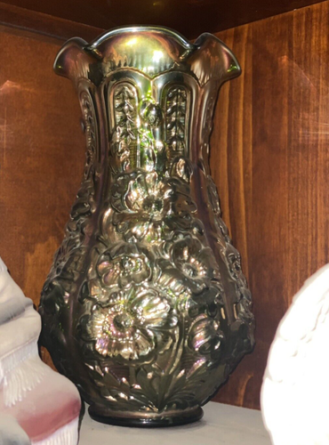 Imperial Glass Poppy Vase 12" Large Green Carnival Glass Excellent Condition - Picture 3 of 4
