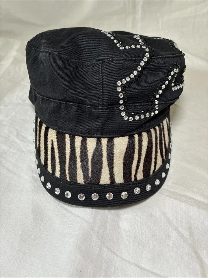 BHW Cadet Cap Hat Zebra Fur Rhinestone Cross Bling Y2K Grunge Biker Rock Punk - Image 4 of 4