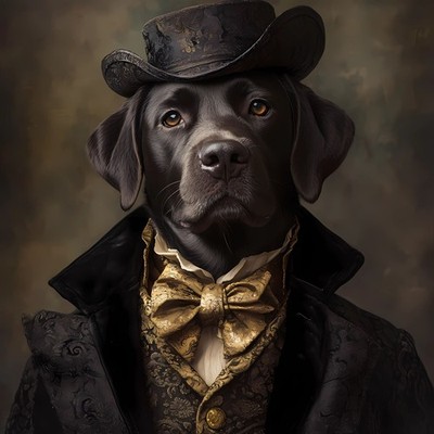 Lord Labrador in a formal outfit, including a black top hat adorned with intrica