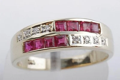 Diamant Rubin Ring Karreschliff Altschliff 585 14K Gelb Gold Top!   - Bild 1 von 4