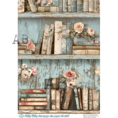 Blue Floral Book Shelf | A4 Rice Paper | Paper for Decoupage | AB Studios