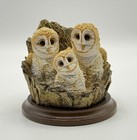 Worcester Fine Porcelain Owl Family Ornament Hand Painted England Wood Base