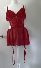 Womens Babydoll XL Red Lace Teddy Camisole Garter Coquette Sheer Lingerie Garter