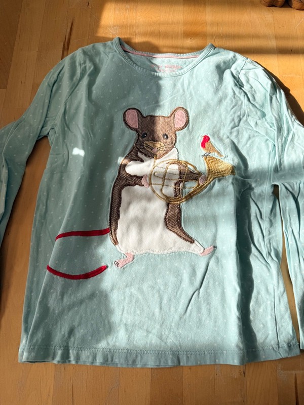 Mini Boden LS mouse with bird  applique shirt. Sz 9-10 yrs
