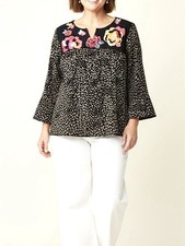 SAVANNA JANE BABYDOLL TOP 3X FLORAL LEOPARD EMBROIDERED BELL SLV FESTIVAL WHIMSY