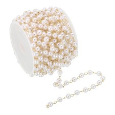 5m/16 Feet Faux Pearl Beading Chain, 5mm Brass Chain Link Style 1, Light Gold