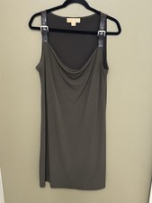 Michael Kors Olive Green Dress Draped Neckline Leather Buckle Straps Size Large