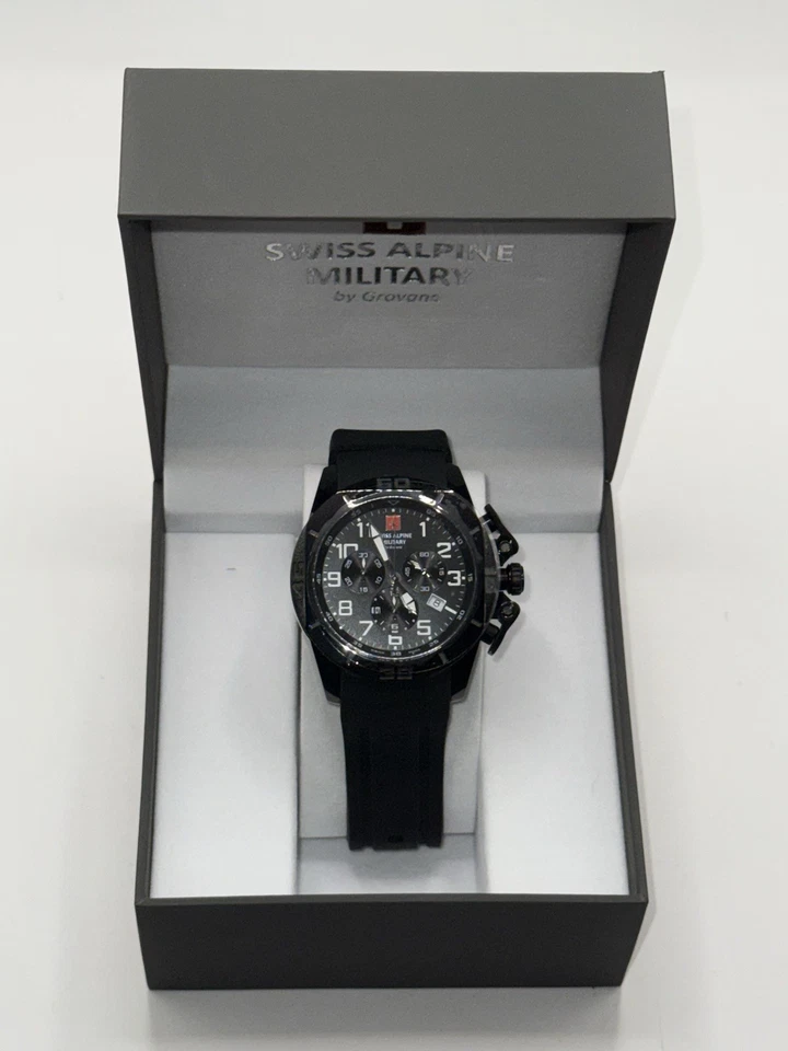 Reloj Swiss Alpine Military de Grovana 7063.9DT cronógrafo esfera negra nuevo en caja Foto 2 de 4