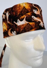 Halloween Ghost with Haunted Cabin Lined Medical Skull Scrub Cap Surgery Hat