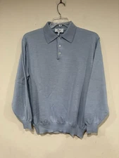 Brioni Men's Sz L Light Blue Wool Knit 1/4 Button Front Long Sleeve Polo Sweater