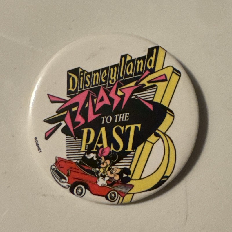 DISNEYLAND BLAST TO THE PAST 3" Badge Button Retro Pin Mickey Minnie Mouse 1988