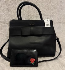 NWT Nine West Black Tote w/ Bow + Real Embroidered Rose Wallet Bonus!