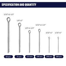 1000 PC Cotter Pin Assortment Kit 6 Sizes 1/16” to 5/32” Durable Split Pins Case