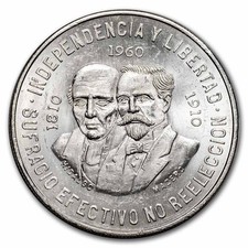 1960 Mexico Silver 10 Pesos 150th Anniversary AU/BU