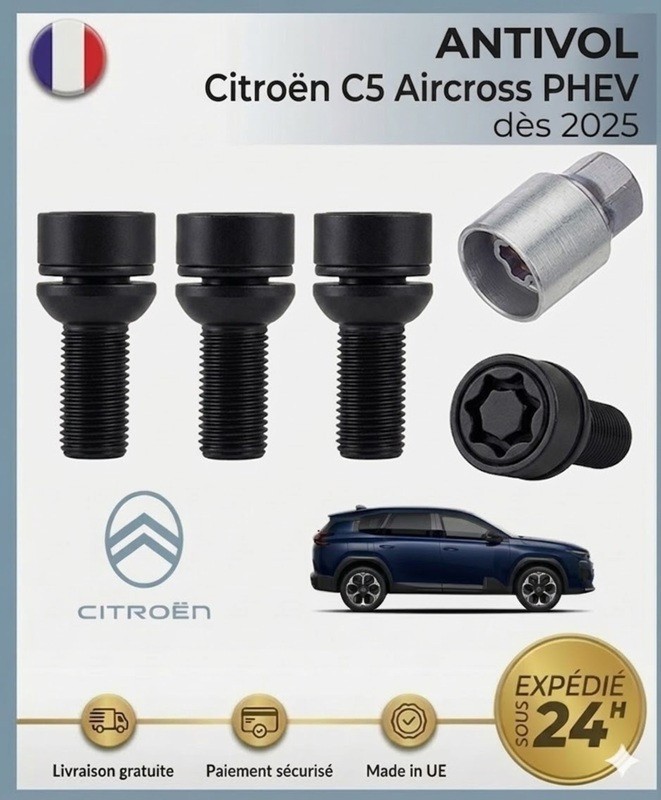 Antivols de roues noir anti-torsion haute sécurité pour Citroën C5 Aircross 2 PHEV 2025