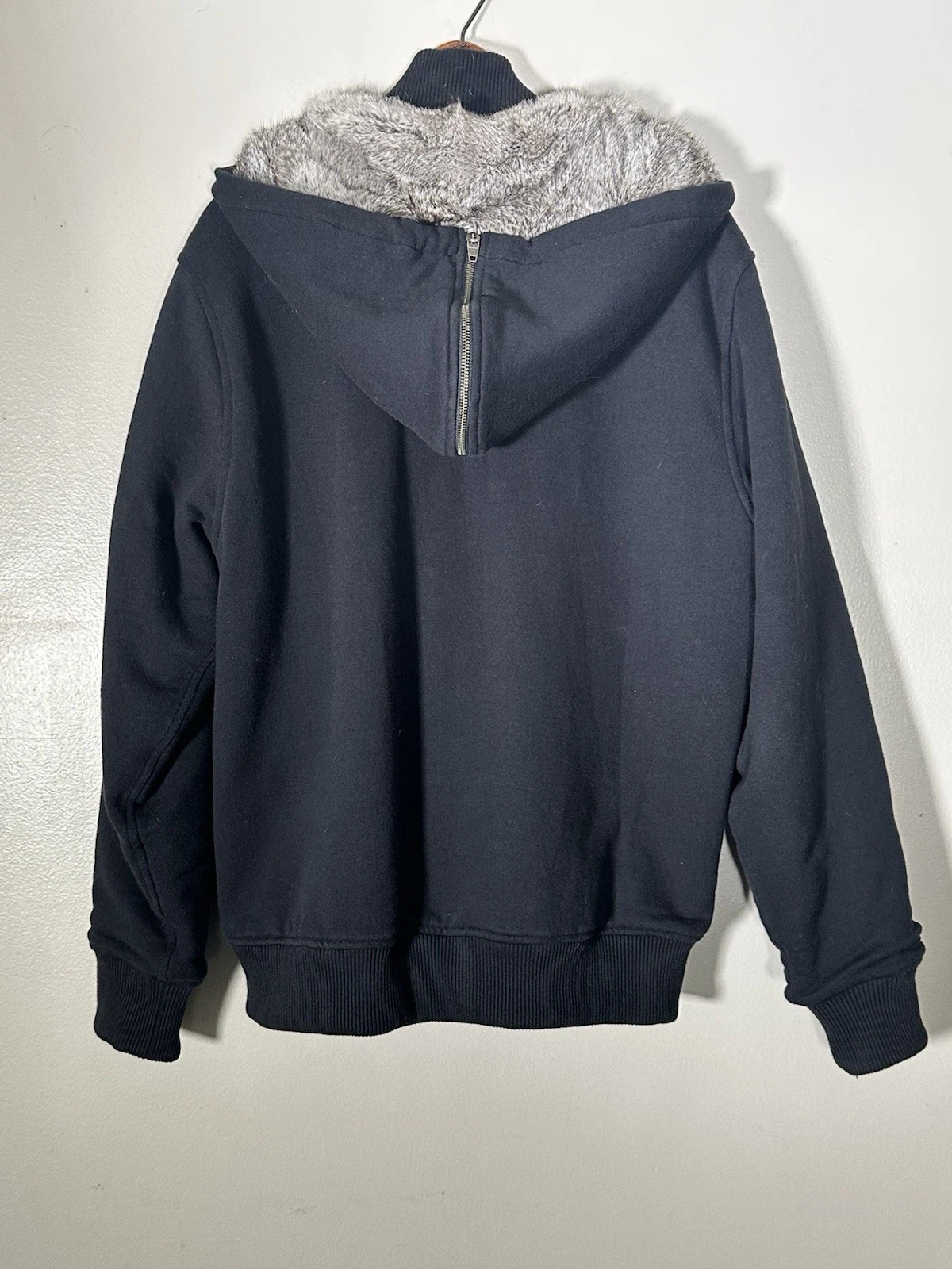 Michael Kors Maglione Nero con Cappuccio e Fodera Grigio 100% Pelliccia di Coniglio Giacca L