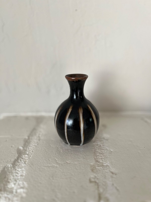 Miniature Tenmoku Black Glaze Studio Bud Vase White Slip Japan Late 20th C
