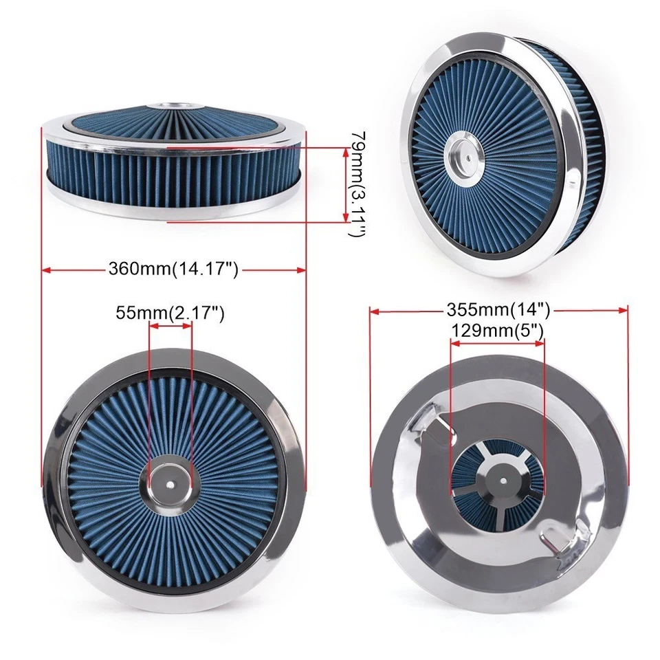 Blue Air Cleaner Set 14 In. x 3 In. Super Flow Washable Air Cleaner Kit Raised - Imagem 3 de 4