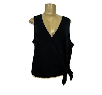 Madewell Texture & Thread XL Women Black Faux Wrap Cropped Top V-neck C15