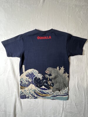 Godzilla Men sT Shirt Hokusai Wave Mt Fuji Graphic Blue Short Sleeve Size Large