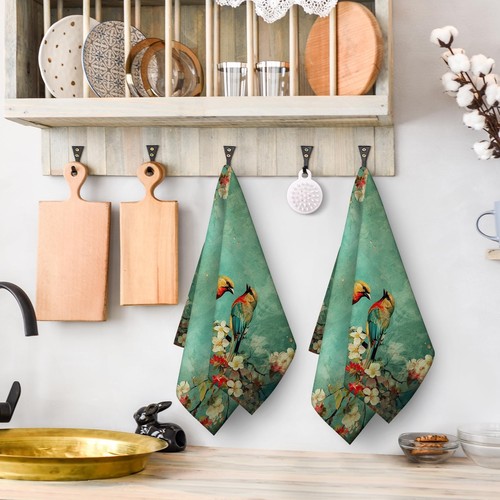 Cute Birds Kitchen Towels Decorative Set, Green Absorbent Dish Towels Tea Tow - Picture 3 of 11