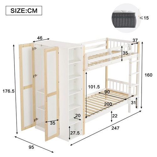 90x200cm Etagenbett Kinderbett Holzbett mit Lattenrost, Kleiderschrank, Regalen - Bild 5 von 11