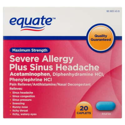  Equate Maximum Strength Severe Allergy + Sinus Headache Caplets, 20 Ct 