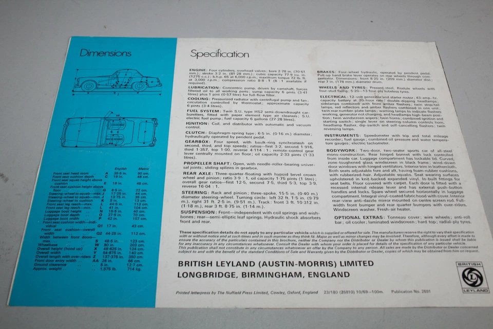 Austin Healey Sprite Mark Four Prospekt Brochure Inglese 1969 - Immagine 3 di 3