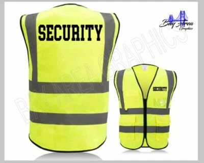 Security Safety Vest High Visibility YELLOW Reflective Strips w/pockets BLK text