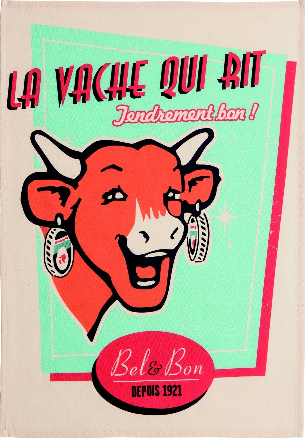 Coucke ""La Vache Qui Rit-Retro Vanille"", Cotton tea towel. Designed in France.